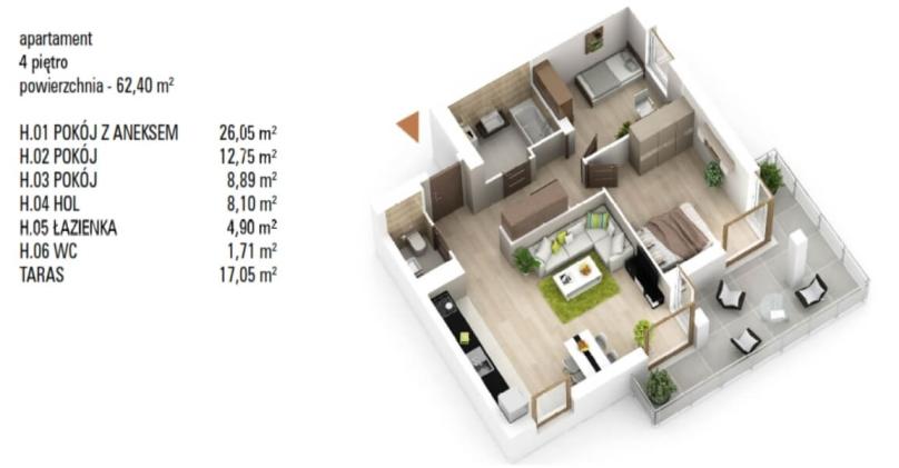 Chopina Park, Nowy Apartament do wynajęcia 63 m2 3 pok, Taras