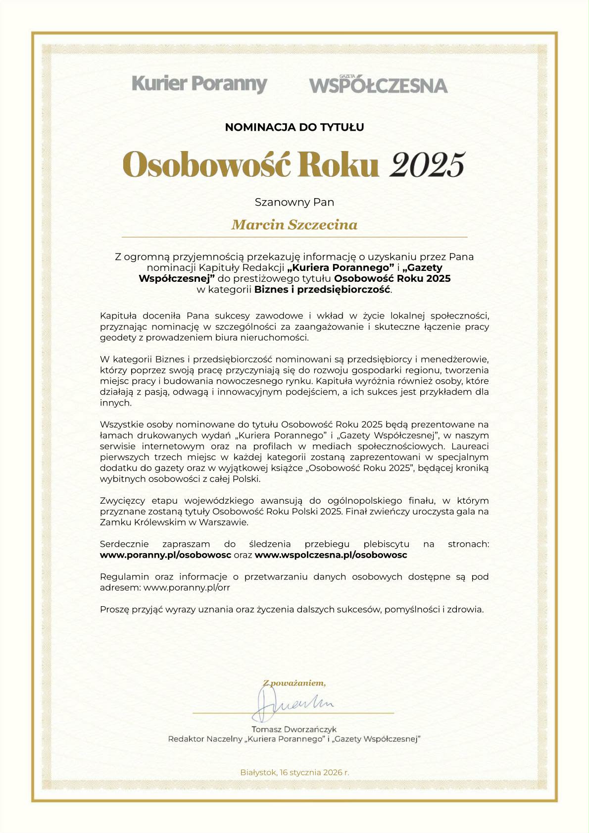 nominacja w Plebiscycie „OSOBOWOŚĆ ROKU 2025”