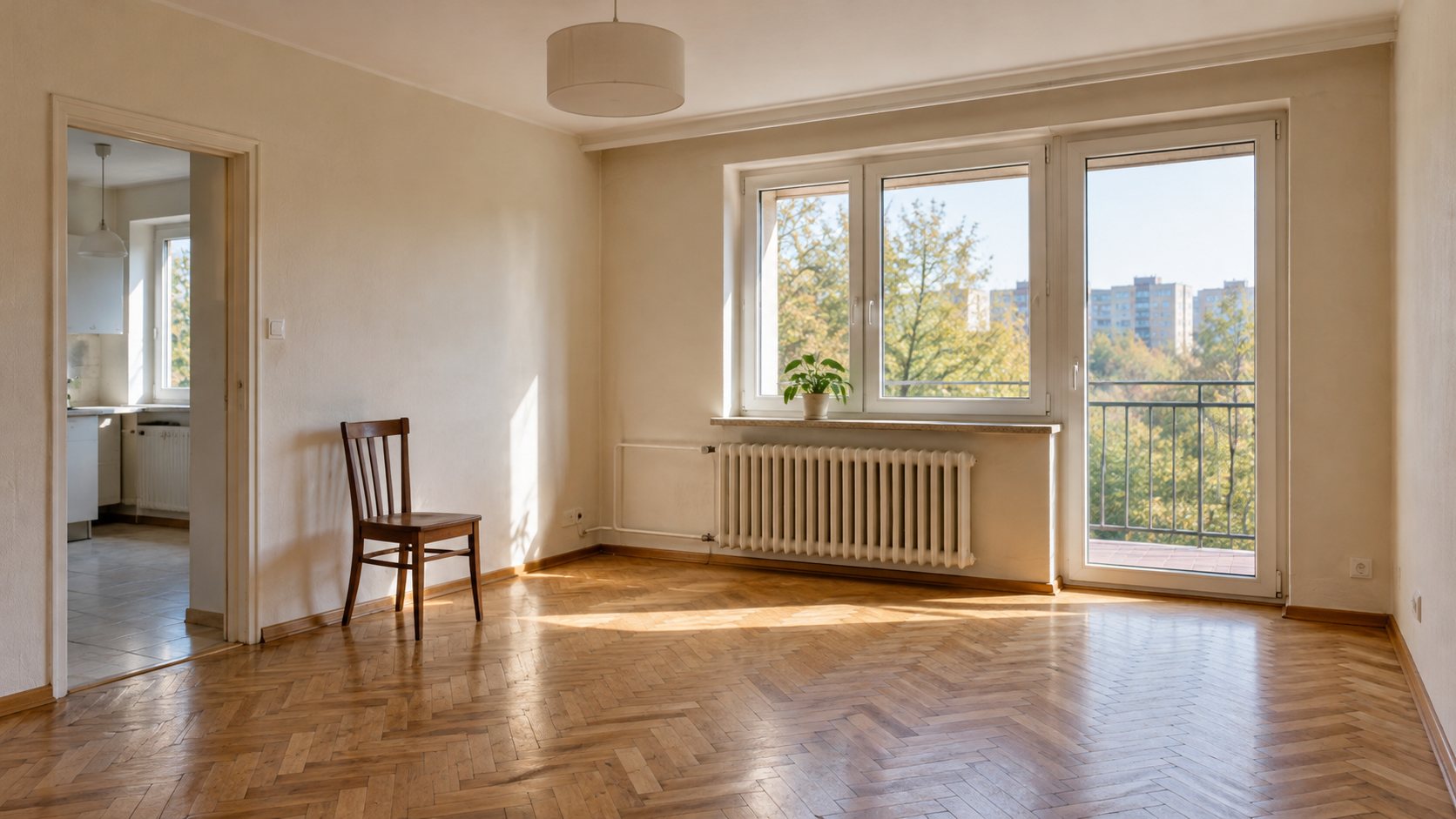 Jasny pusty pokój z drewnianą podłogą, dużym oknem i wyjściem na balkon.